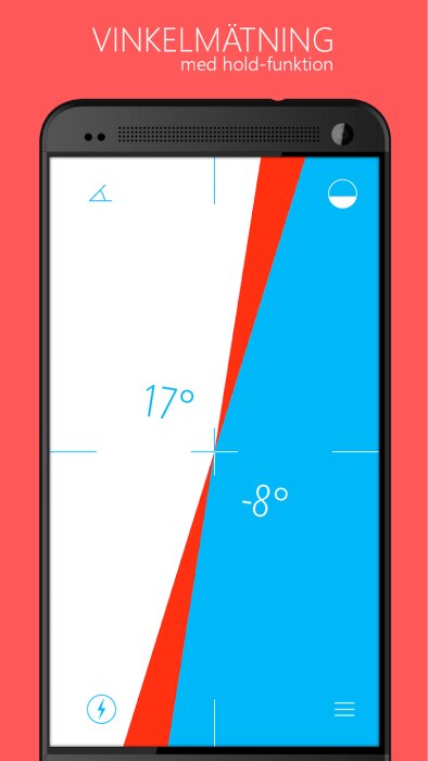 Smarttelefon visar vinkelmätningsapp, mäter lutning i grader, röd och blå bakgrund, digital display.