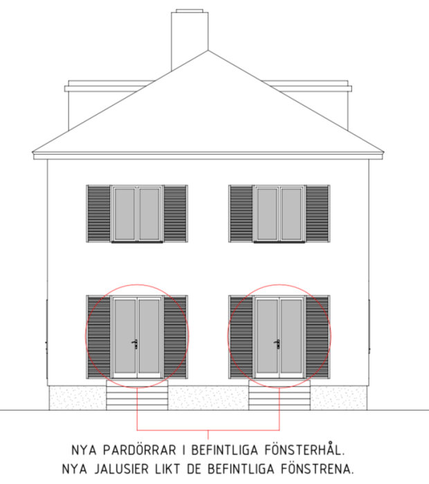 Arkitektonisk ritning av husfasad med markerade nya pardörrar och liknande jalusier som fönster.