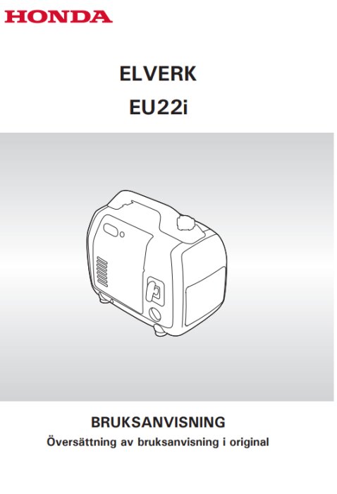 Omslag för bruksanvisning till Honda EU22i elverk, svartvit illustration, översatt dokument.