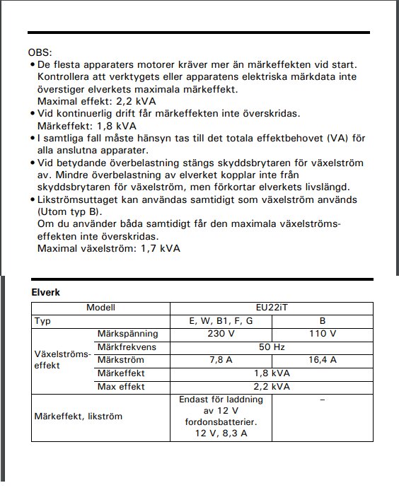 Svensk text, tekniska specifikationer för elverk, effektbegränsningar, varningar om överbelastning och kompatibilitetsinformation.