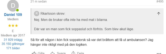 Skärmbild av forum, användarnamn, inläggsantal, gillningar, diskussion om sopor och ambulanslogik.