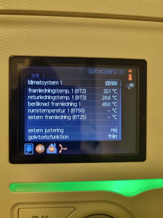 Digital display visar temperaturdata och inställningar för klimatsystem, omgiven av vit plast, med en grön statusindikator.