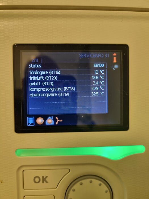 Digital display showing various temperature readings, the word "SERVICEINFO 31," and icons; green light and button visible below.