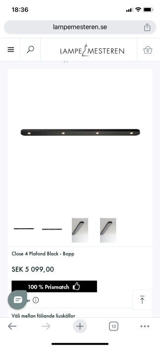 Webbsida visar svart taklampa, "Close 4 Plafond Black – Bopp", pris SEK 5,099 och prismatchning erbjudande.