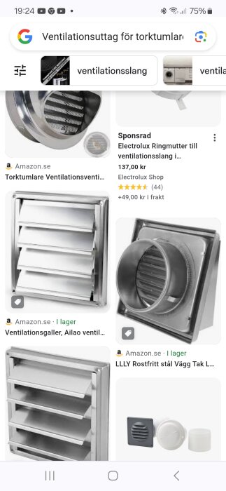 Skärmdump av olika ventilationsuttag för torktumlare från en webbutikssida.