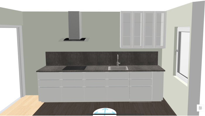 Modernt kök med vita skåp, spishäll, fläkt, diskho, grå bänkskiva och fönster.