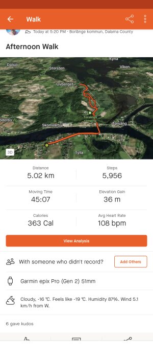 Eftermiddagspromenad detaljerad av GPS-app: 5,02 km avstånd, 5,956 steg, kallt väder, från Borlänge, Dalarna.