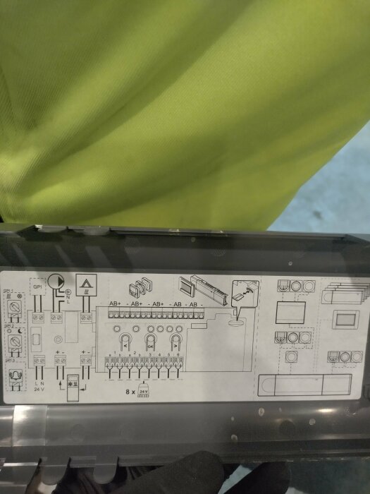 Skiss av elektrisk installation eller kretskortschema överlagrat av grönt tyg, synliga skor i nedre delen.