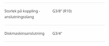 Text som visar storlekar för koppling och diskmaskinsanslutning med specifika måttangivelser på svenska.
