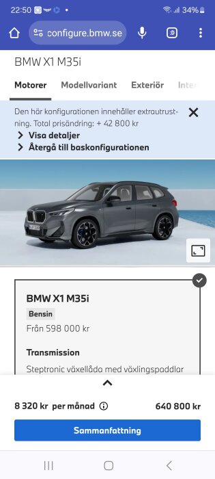 BMW X1 M35i, bilkonfigurationssida, grå färgval, prisinformation, mobilsidvy.