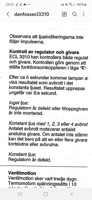 Svensk text om teknisk kontroll av regulatorer och givare, eventuella avbrott och defekter, samt beskrivning av ventilmotion.