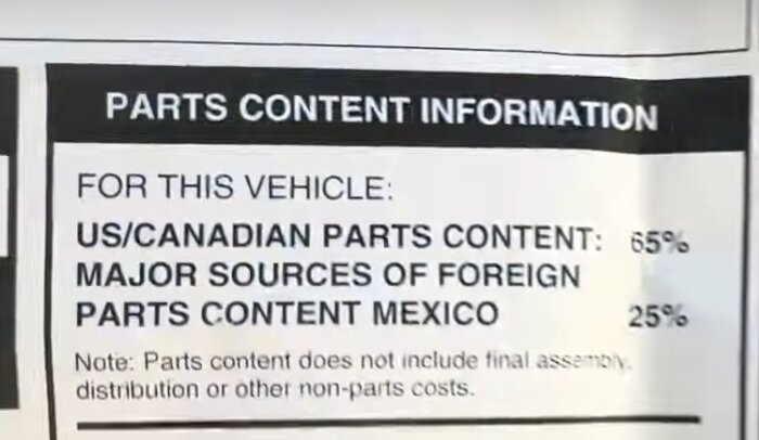 Etikett visar fordonets delinnehåll: 65% USA/Kanada, 25% Mexiko, exkluderar montering och icke-delkostnader.