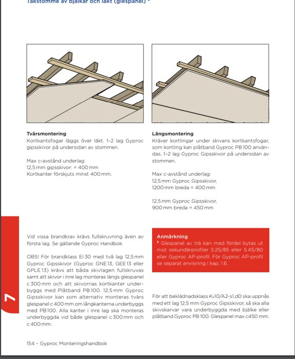 Bilden visar instruktioner för tvärs- och längsmontage av gipsväggar från "Gyproc Monteringshandbok".