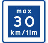 Blå och vit hastighetsskylt, 30 km/tim hastighetsbegränsning, rektangulär form, trafikregleringssymbol.