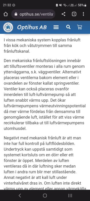 Skärmdump av webbsida om ventilation; diskuterar mekanisk frånluft och värmepumpar på svenska.