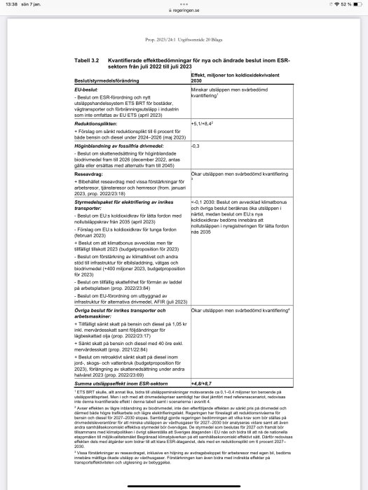 Svensk regeringsdokument om effekter av miljörelaterade beslut, tabell med siffror och textförklaringar.