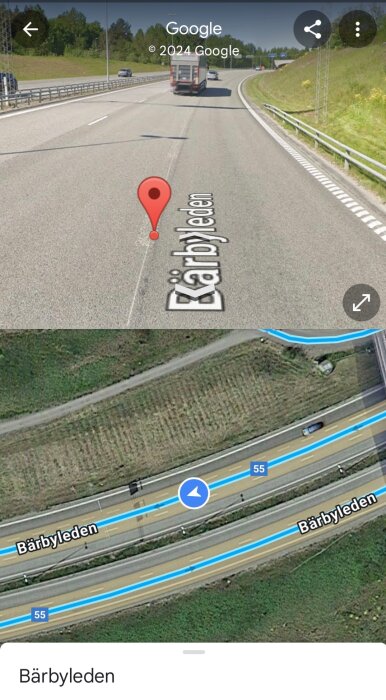Google Maps skärmdump visar väg, fordonsnavigation, platsmarkör, ruttinformation, "Bärbyleden" text.