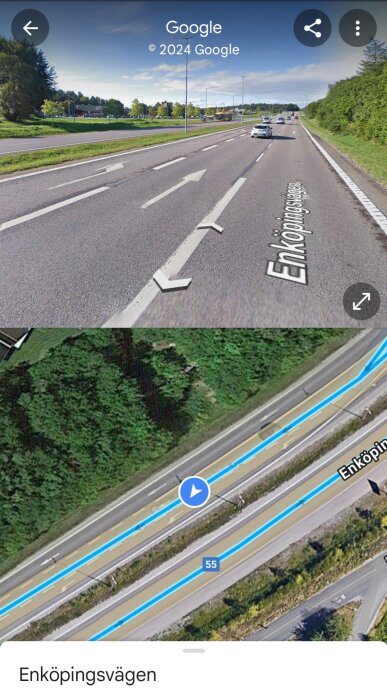En skärmdump från Google Maps visande trafik på Enköpingsvägen med vägvisare, träddunge och delvis satellitvy.