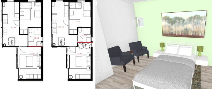 Ritning av lägenhetsplanlösning och en 3D-visualisering av ett sovrum.
