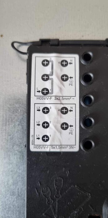 Ett elektrisk anslutningsblock med kablageinstruktioner för olika konfigurationer; märkningar för L1, L2, L3, N och PE synliga.