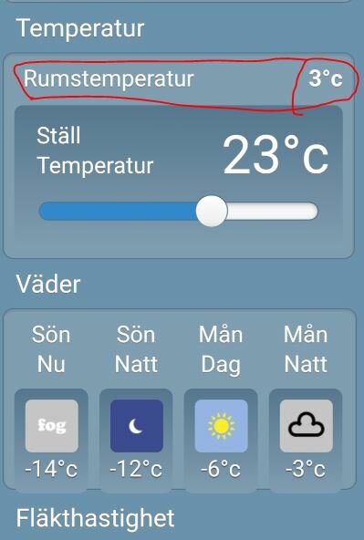 Skärmdump av väder- och temperaturkontrollsystem med rumstemperatur og insatt måltemperatur; även väderprognos visas.