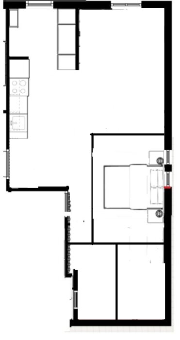 En våningsplansritning med markerade rum, möblering, och måttindikationer, sannolikt en lägenhet.