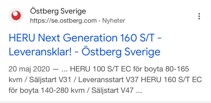 Skärmdump av en webbsökning för Östberg Sveriges HERU Next Generation, med länk och kort information.