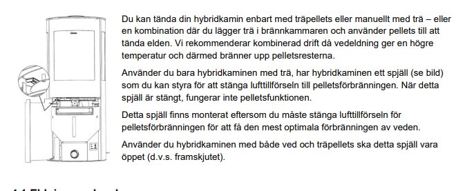 Bruksanvisning för hybridkamin med illustrationer av produkt och reglage, svenska texter om användning och funktioner.