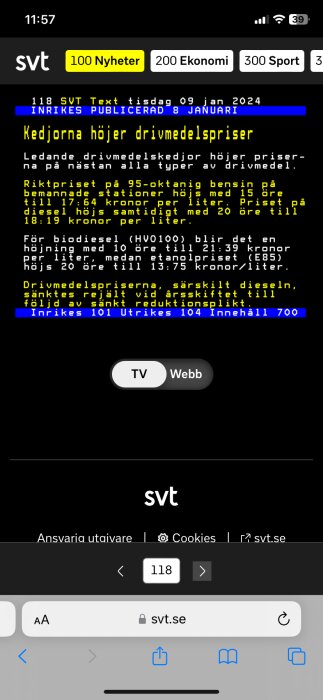 Skärmavbild av SVT Text-tjänst på mobil, nyhet om höjda drivmedelspriser, webbläsarens navigationsfält.