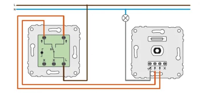 Elektrisk kopplingsschema för en strömbrytare och en ansluten enhet. Linjer representerar ledningar, symboler visar komponenter.