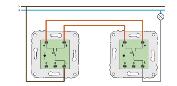 Elektriskt kopplingsschema för två strömbrytare med en lampa.