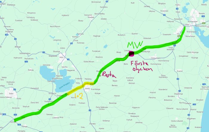 Karta över Sverige med markerade vägar, överlagda texter och linjer, troligen redigerad för specifikt syfte.