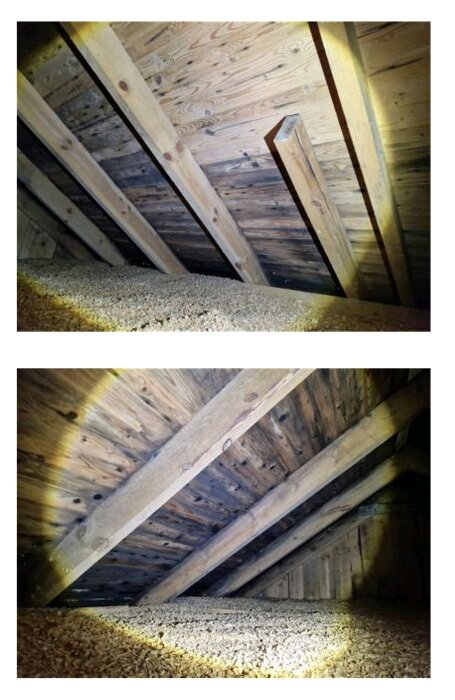 Två bilder av ett träloft med isoleringsmaterial och takstolar. Begränsat ljus, möjligen en vind.