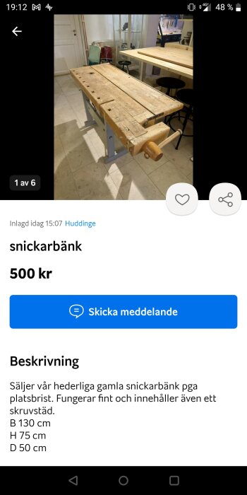 Använd snickarbänk till salu inomhus, mobilskärmsbild, säljannons, prisangivelse, beskrivningstext, måttangivelser.