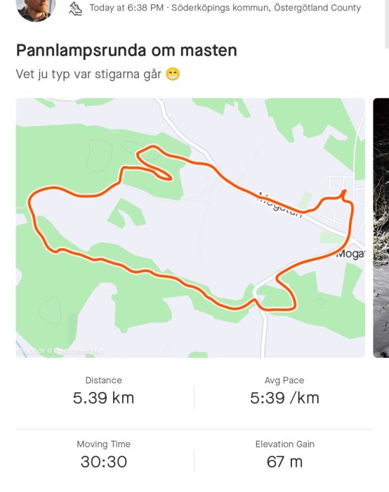 Skärmdump av löparkarta, statistik; 5.39 km löpt på 30:30 minuter; kvällsrunda; Söderköping, Östergötland.