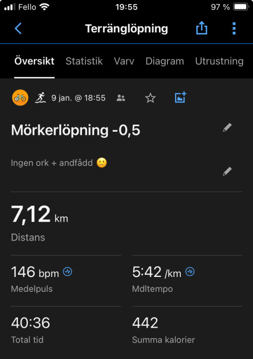 Skärmdump av löparapp, visar distans, puls, tempo, tid, kaloriförbrukning efter nattlöpning.