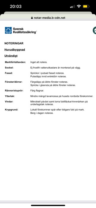 Skärmdump av inspektionsrapport med anteckningar om byggnadens skick från Svensk Kvalitetssäkring.