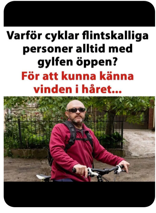 Man på cykel med ryggsäck, skägg, humoristisk text.