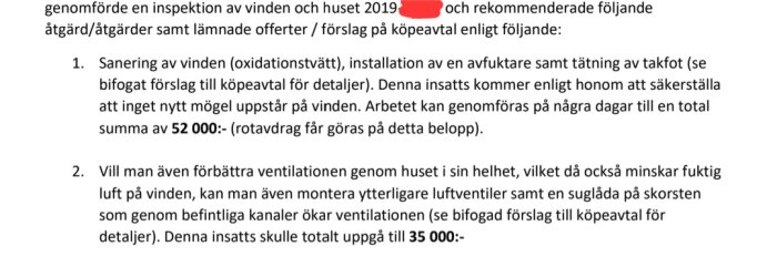 Textdokument på svenska med åtgärdsförslag för vind och ventilation, med kostnadsestimeringar.