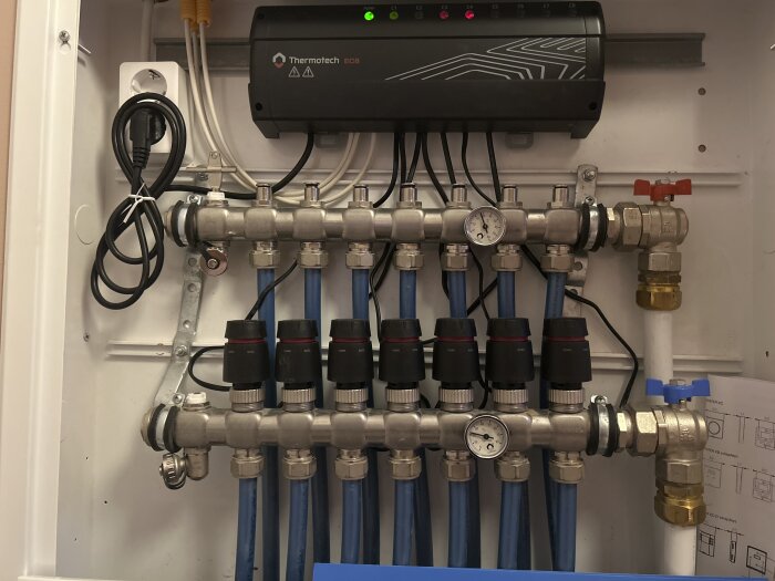 Värmefördelningssystem med rör, mätare, ventiler och ställdon i teknikrum.