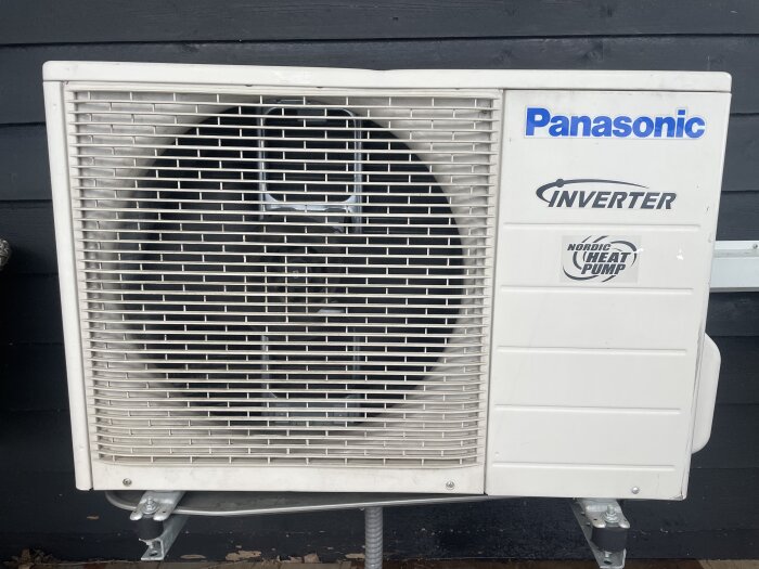 Panasonic inverter värmepump monterad utomhus på en svart vägg.