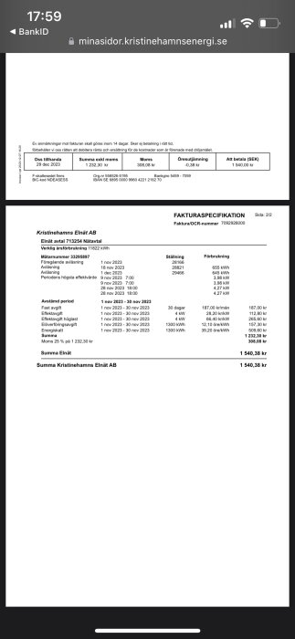 Elektricitet faktura, Kristinehamns Elnät AB, förbrukning, moms, totalbelopp, svensk, mobilskärm.