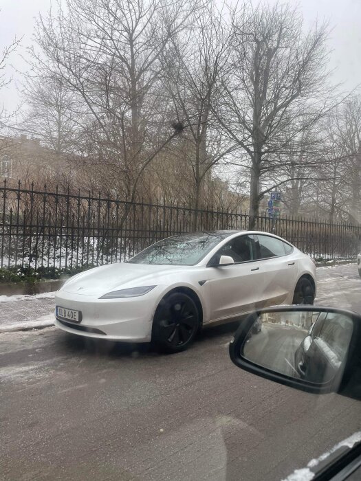Vit elbil parkerad längs gata med träd i dimmigt väder.