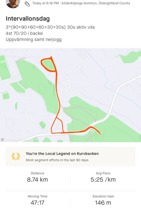 Träningsapp visar löprunda på 8,74 km, tid 47:17, tempo 5:25/km, Söderköpings kommun, intervallträning beskrivs.