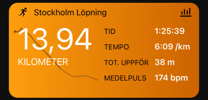 Skärmavbild av löparapp med distans, tid, tempo, höjdmeter och puls från Stockholm.
