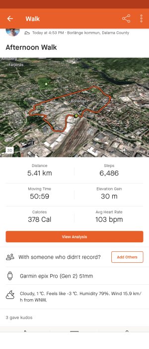 Bild av aktivitetsspårning: Eftermiddagspromenad i Borlänge; 5,41 km, 6486 steg, kallt väder.