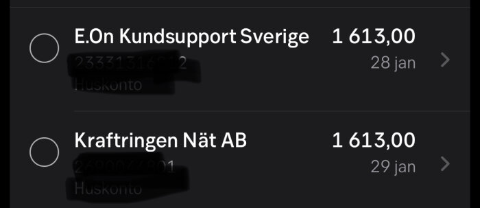 Skärmklipp av betalningar till E.On och Kraftingen, samma belopp, olika datum, mörk bakgrund, delvis suddigt.
