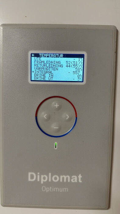 Digital termostat med LCD-skärm som visar temperaturer och inställningar, knappsats, indikeringsljus, "Diplomat Optimum".