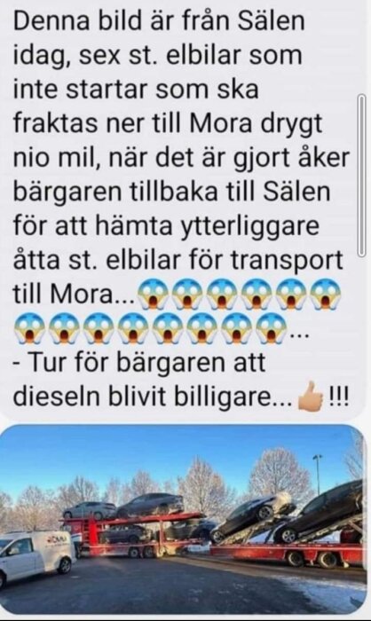 Text skämtsamt om elbilar som fraktas med diesellastbil, ironi om billigt dieselpris, inkluderar bild på transport.