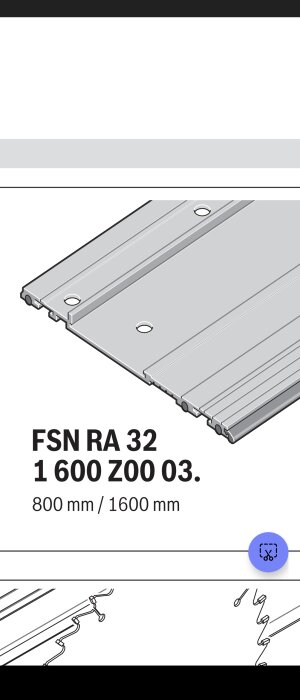 Illustration av skensystem, modell FSN RA 32, längder 800/1600 mm, för precisionsarbete eller verktygsguide.